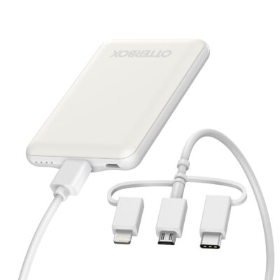 (LS) OtterBox 5K mAh Power Bank with 3-in-1 Cable (USB-A to Lightning + USB-C + Micro-USB) – White (78-80836), Durable, Perfect for Travel, Smart Char