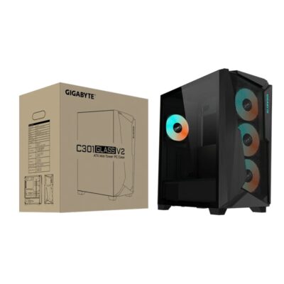 Gigabyte C301V2 RGB Tempered Glass E-ATX Black Mid Tower Gaming Chassis  2×3.5′ 2×2.5′ 2xUSB3.0 Detachable Dust Filter Liquid Cooling PSU Standard ATX