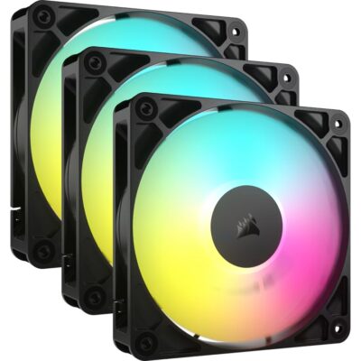 Corsair RS120 ARGB 120mm PWM Fans – Triple Pack – Black: 72.8 CFM, 2100 RPM, 36 dBA, 0.4A, RGB lighting, Static Pressure, Magnetic Dome Bearing
