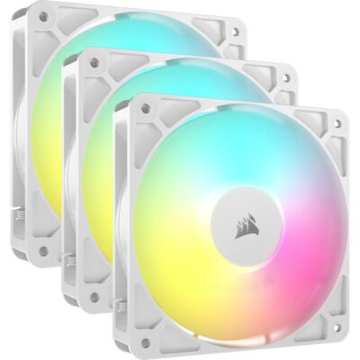 Corsair RS120 ARGB 120mm PWM Fans – Triple Pack – White: 72.8 CFM, 2100 RPM, 36 dBA, 0.4A, RGB lighting, Static Pressure, Magnetic Dome Bearing