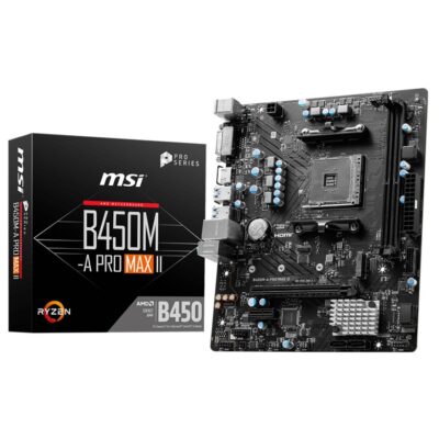 MSI B450M-A PRO MAX II AMD M-ATX Motherboard – AM4 Ryzen, 2xDDR4-max64GBCapacity,1xPCIe x16slot, 4xSATA 6Gb, 6xUSB3.0, 6xUSB2.0, DVI-D HDMI, 2.5G LAN