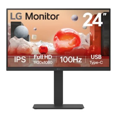 LG 24′ IPS FHD 1920 x 1080, USB-C 65w PD, RJ45 100Hz 5ms, AMD FreeSync 16:9 Tilt/Height/Swivel/Pivot (Bi-direction) adjustable stand, 3yrs Monitor