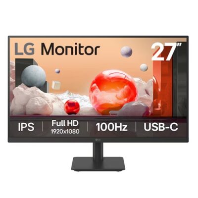 LG 27′ IPS Full HD Monitor with 100Hz refresh rate, USB-C (65W PD), 3-side borderless design, Reader Mode, Flicker Safe, and tilt-adjustable stand