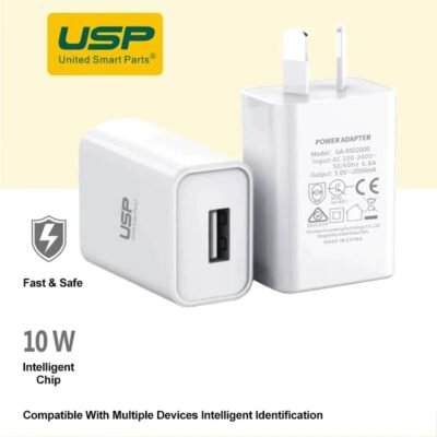 USP 10W USB-A Fast Wall Charger White – Intelligent Chip, Smart Charging, Output Voltage DC5V/3A, Output Current 2A max, Charge Your Phones & Tablets