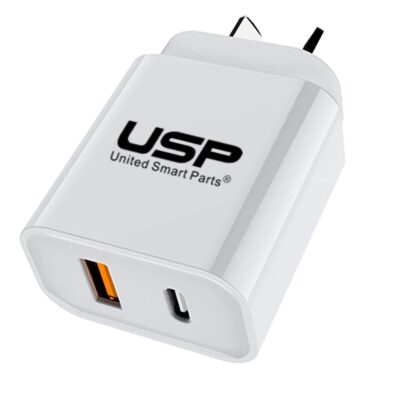 USP 20W Dual Port (20W USB-C PD + 18W USB-A QC3.0) Fast Wall Charger White – Safe Charge,Charge 2 Devices Simultaneously,Short-Circuit Protection